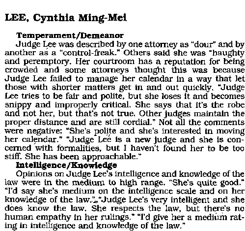 California Judge Reviews Judge entry on Cynthia Ming Mei Lee supplied by law ibrary in 2016